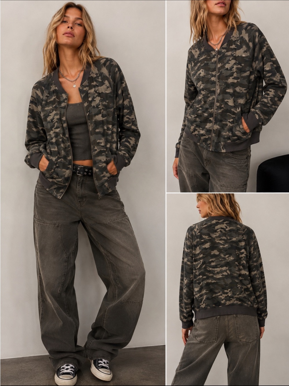 BeachLunchLounge Women’s Camo Zip-Front Bomber Jacket - Olive/Gray